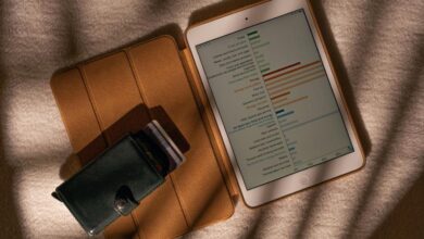 komputer tablet yang duduk di atas meja di sebelah dompet